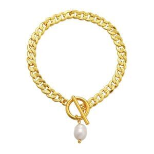 18K Gold-Plated Chain Bracelet with Pearl Charm Elegant Retro Style